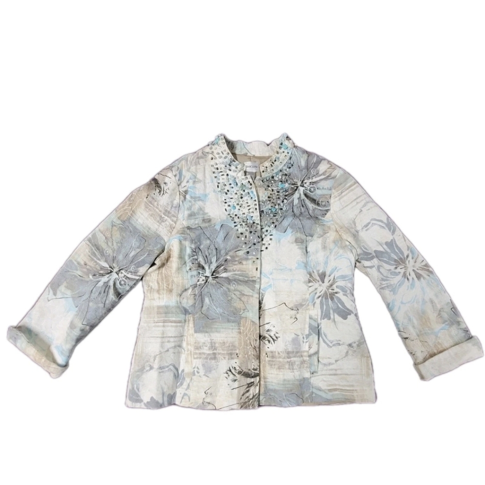 Chico's Size Lg Women's Floral Beaded Tan And Blue Button Jacket Lined Top Shirt